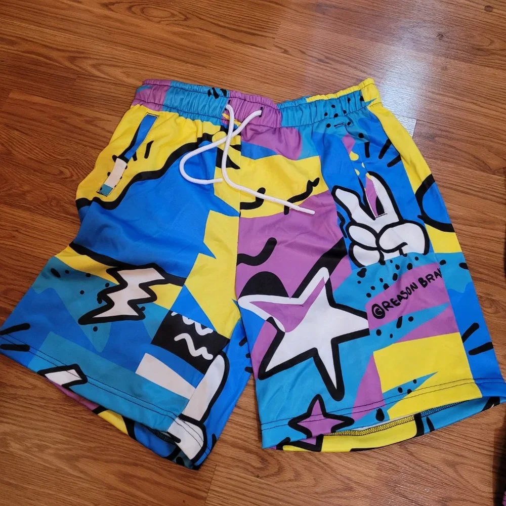 Reason Brand Pop Art Cartoon Comic Shorts Blue teal Aqua Yellow Black Purple RSN - Picture 5 of 8